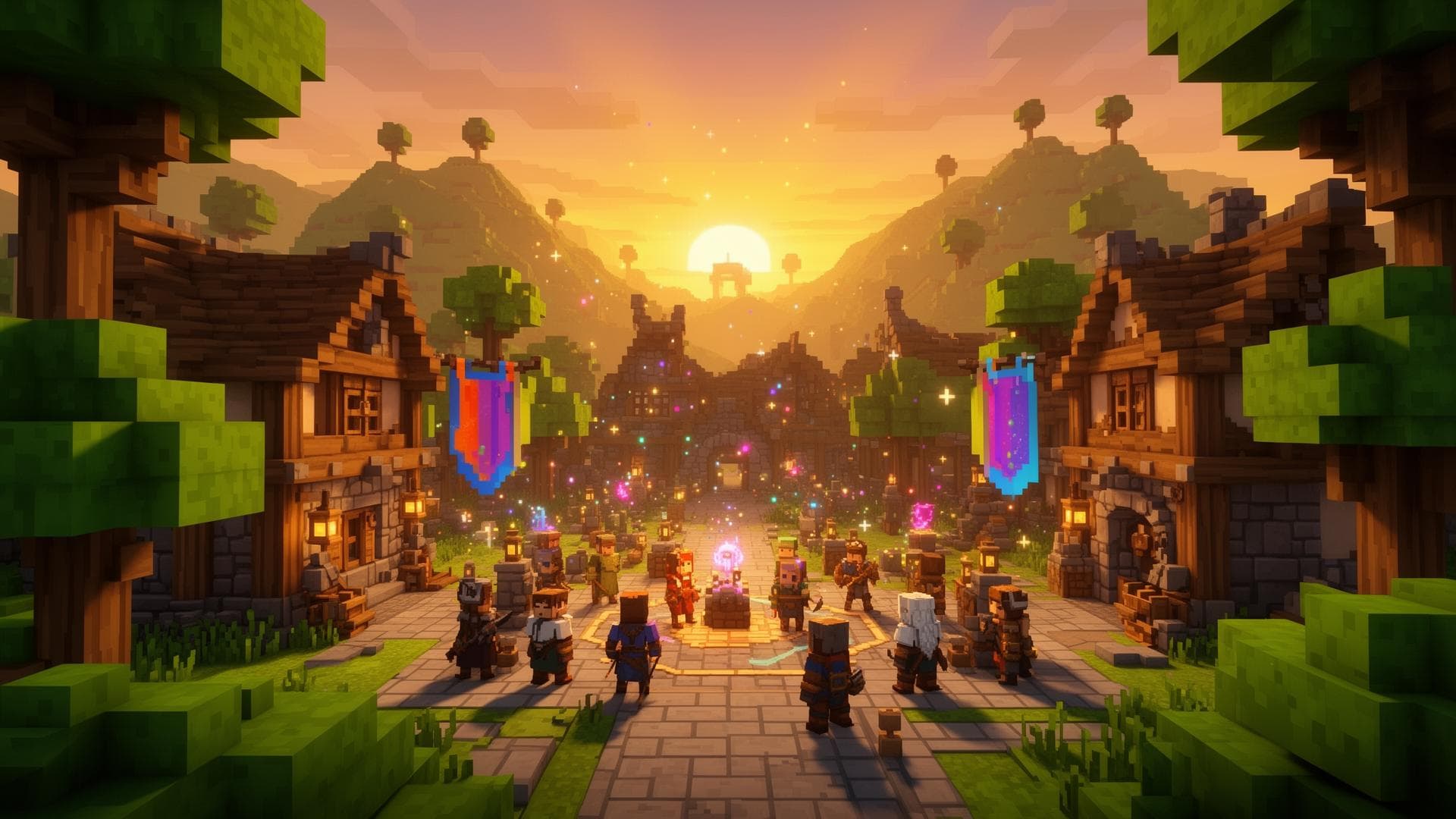 Paisaje del mundo de Hytale con ambiente medieval y fantástico